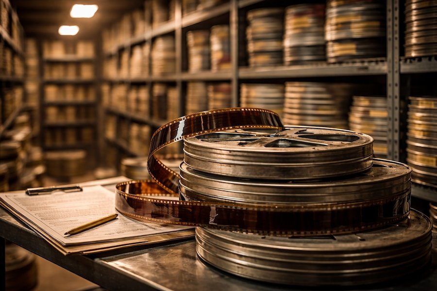 Filmrullar och filmburkar i en arkivmiljö för bevarande av filmhistoria, med hyllor av filmarkiv i bakgrunden.